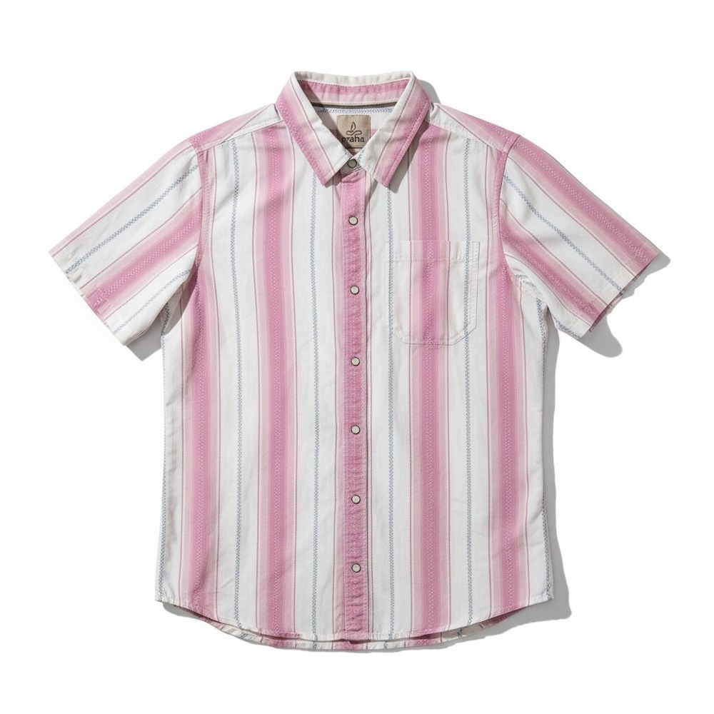 Prana Shirt Men's M Pink Striped Button Down Short Sleeve